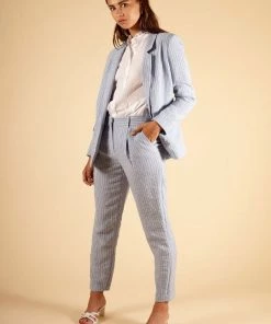Ms.Meri Mak Perinne Blue Pinstripe Trousers New Arrivals