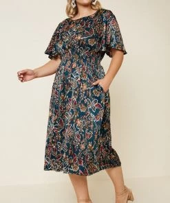 Hayden Arabela Floral Satin Smock Waist Midi Dress