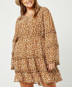 Hayden Ademar Ruffled, Floral ,Trumpet Sleeve Dress - Curve