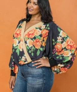 Ms. Meri Mak Caelia Plus Size Faux Wrap Floral Top
