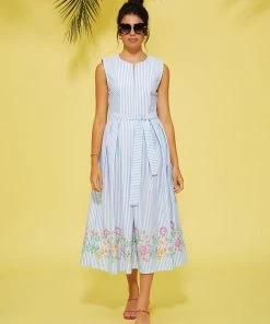 Lolitas & L New Arrivals Blue & White Stripe Dress With Floral Trim