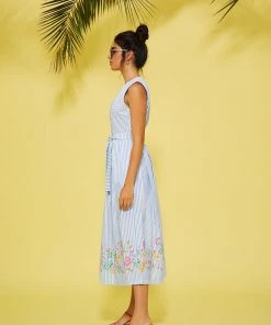 Lolitas & L New Arrivals Blue & White Stripe Dress With Floral Trim