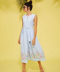 Lolitas & L New Arrivals Blue & White Stripe Dress With Floral Trim