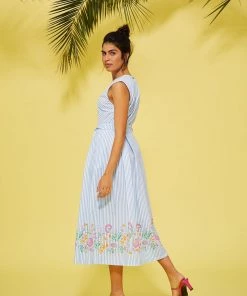 Lolitas & L New Arrivals Blue & White Stripe Dress With Floral Trim