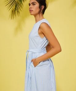 Lolitas & L New Arrivals Blue & White Stripe Dress With Floral Trim