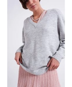 Q2 New Arrivals Nadia V Neck Sweater In Light Grey