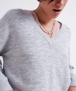 Q2 New Arrivals Nadia V Neck Sweater In Light Grey