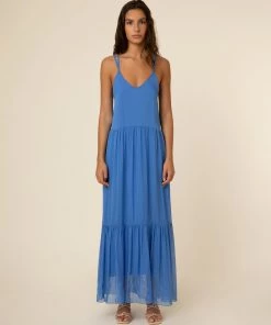 FRNCH Jailys Silk Open Back Periwinkle Maxi Dress
