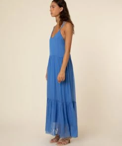 FRNCH Jailys Silk Open Back Periwinkle Maxi Dress