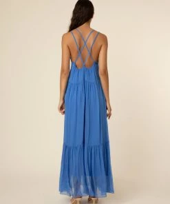 FRNCH Jailys Silk Open Back Periwinkle Maxi Dress