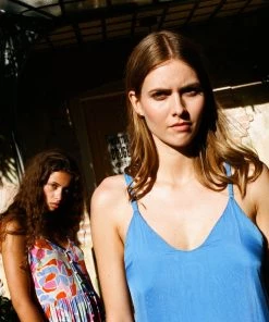 FRNCH Jailys Silk Open Back Periwinkle Maxi Dress