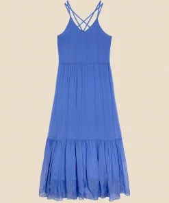 FRNCH Jailys Silk Open Back Periwinkle Maxi Dress