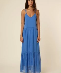 FRNCH Jailys Silk Open Back Periwinkle Maxi Dress