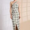 Lena Adara Plaid Overlap Asymmetrical Midi Dress New Arrivals