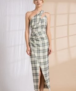 Lena Adara Plaid Overlap Asymmetrical Midi Dress New Arrivals