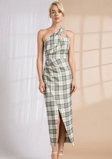 Lena Adara Plaid Overlap Asymmetrical Midi Dress New Arrivals