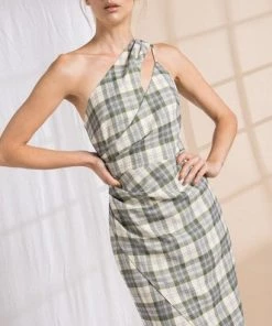 Lena Adara Plaid Overlap Asymmetrical Midi Dress New Arrivals