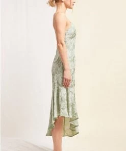 Lena New Arrivals Aileen Satin Floral Print One Shoulder Asymmetrical Midi Dress