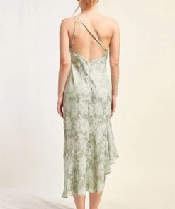 Lena New Arrivals Aileen Satin Floral Print One Shoulder Asymmetrical Midi Dress