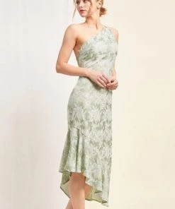 Lena New Arrivals Aileen Satin Floral Print One Shoulder Asymmetrical Midi Dress