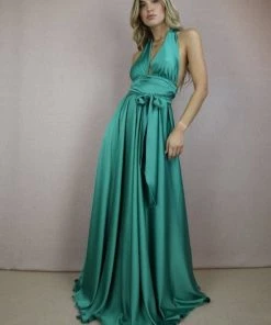 Moqette Alix Halter-neck Satin Tropical Green Maxi Dress New Arrivals