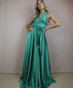 Moqette Alix Halter-neck Satin Tropical Green Maxi Dress New Arrivals