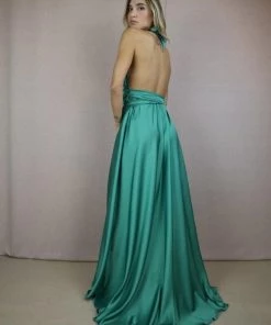Moqette Alix Halter-neck Satin Tropical Green Maxi Dress New Arrivals