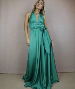 Moqette Alix Halter-neck Satin Tropical Green Maxi Dress New Arrivals