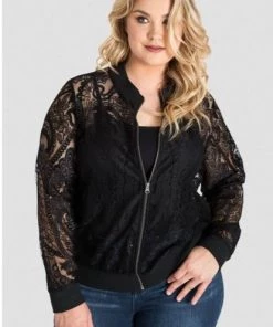 Standards & Practices Salena Peek-A-Boo Black Lace Zipper Bomber Jacket