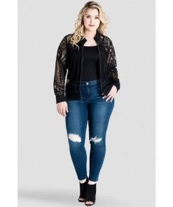 Standards & Practices Salena Peek-A-Boo Black Lace Zipper Bomber Jacket