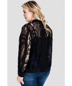 Standards & Practices Salena Peek-A-Boo Black Lace Zipper Bomber Jacket