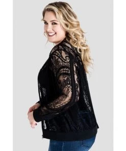 Standards & Practices Salena Peek-A-Boo Black Lace Zipper Bomber Jacket