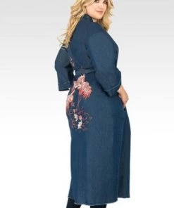 Standards & Practices Sancha Denim Bird Print Kimono Duster Jacket New Arrivals