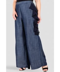 Standards & Practices New Arrivals Pabla Side Ruffle Indigo Tencel Palazzo Pants