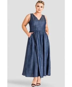 Standards & Practices Adan V-Neck A-Line Tencel Denim Maxi Dress