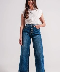 Q2 Palas Cropped Wide Leg Denim Jeans With Exposed Buttons New Arrivals