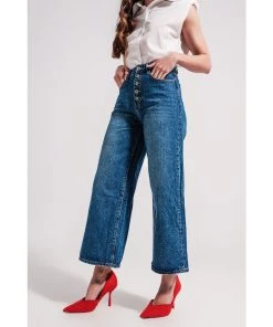 Q2 Palas Cropped Wide Leg Denim Jeans With Exposed Buttons New Arrivals