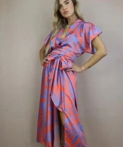 Moqette New Arrivals Abra Coral And Blue Dress With Middle Front Slit