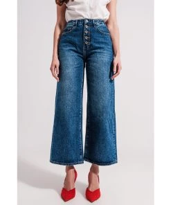 Q2 Palas Cropped Wide Leg Denim Jeans With Exposed Buttons New Arrivals